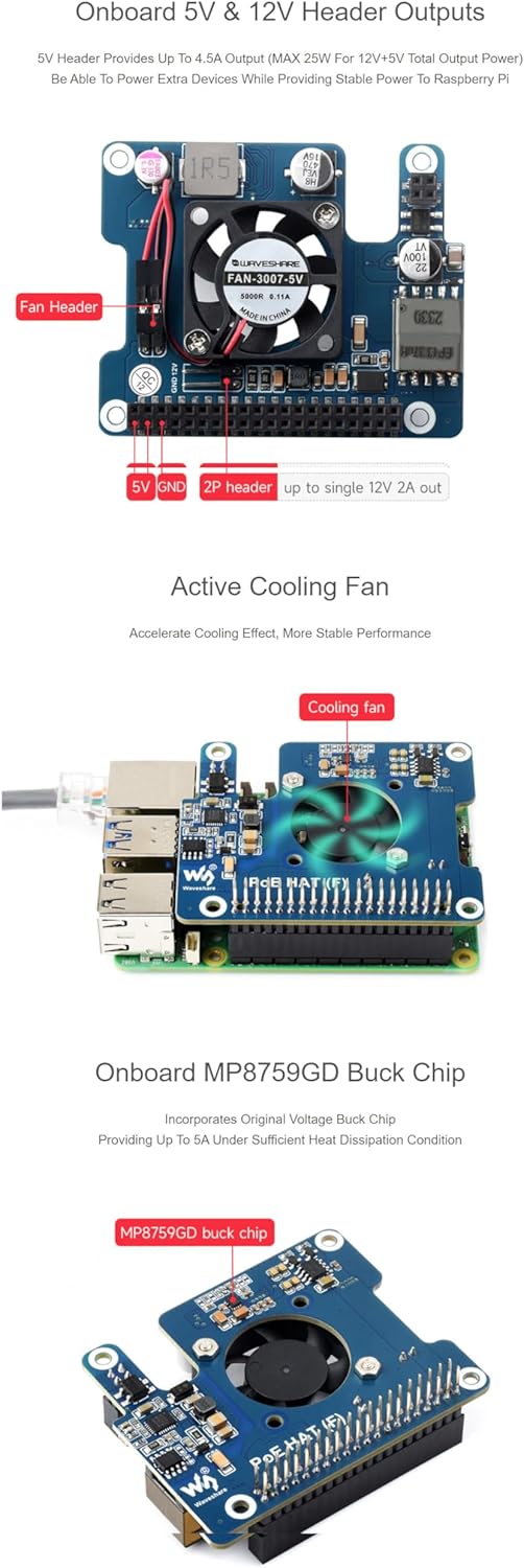 PoE HAT (F) for Raspberry Pi 5 / CM5, 802.3af/at Compliant, High Power Output, Active Cooling Fan, M
