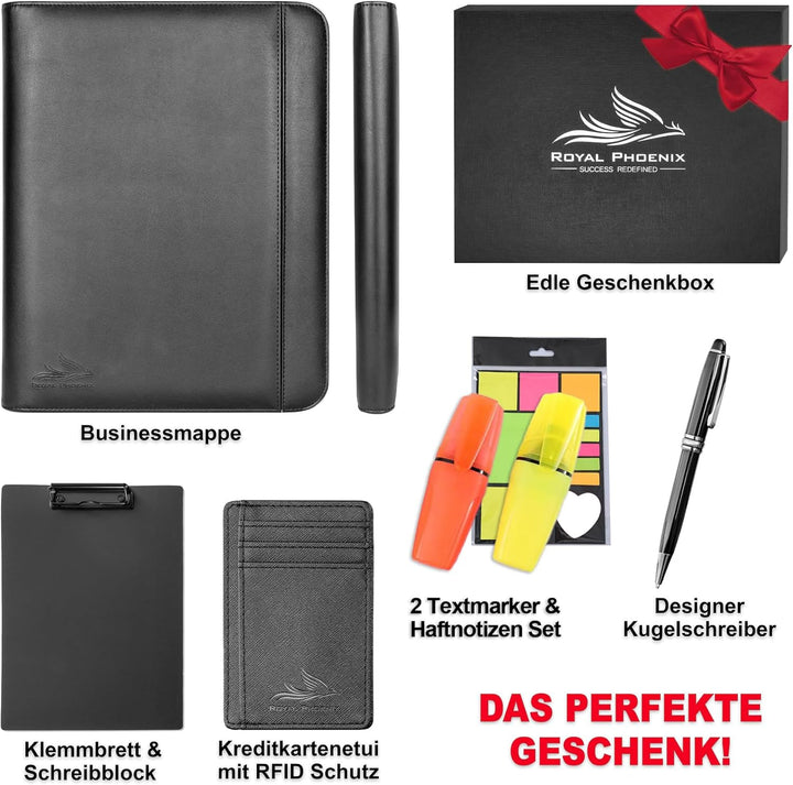 Royal Phoenix® Business Schreibmappe A4 'Hawk' - Hochwertige Ringbuchmappe mit Reissverschluss - ink