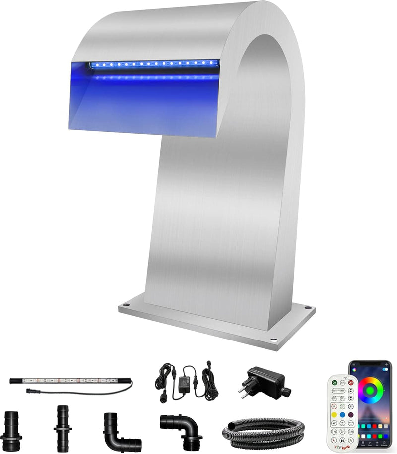 LONGRUN Wasserfall Spillway Edelstahl S-förmiger Poolbrunnen, RF & App Kontrolliert Farbenfroh LED-L