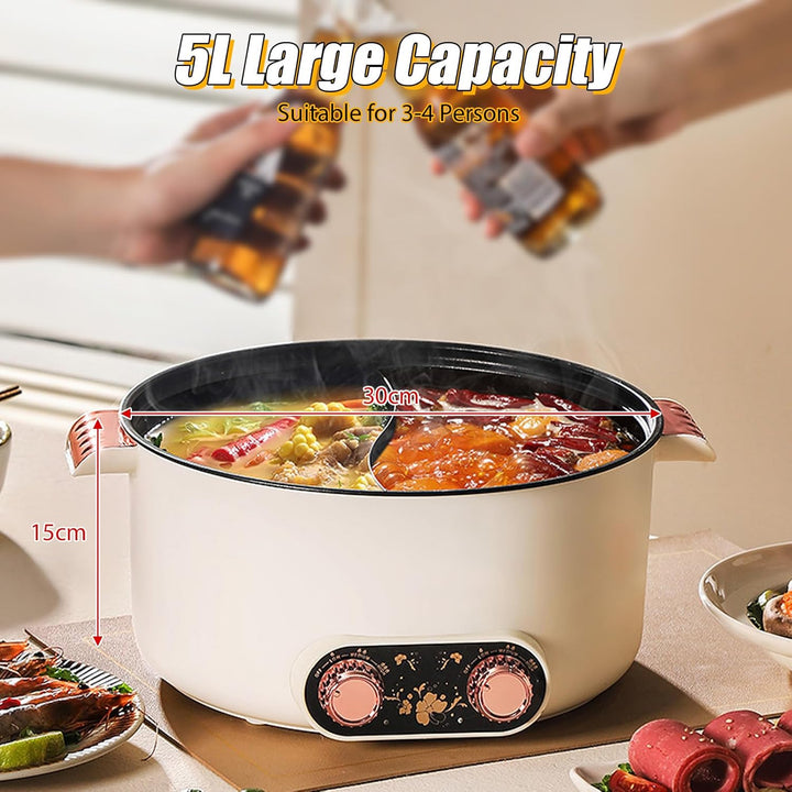 Elektrische Hot Pot, 5 L Elektrischer Kochtopf mit Schnellheizung&Doppeltes Drehknopf, 1350W Elektri
