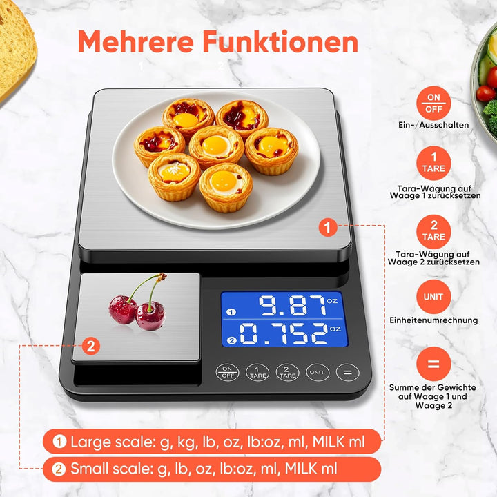 KüChenwaage Digital,Digitale KüChen mit 2 Plattformen 15kg/1g & 500g/0.01g Feinwaage mit 7/6 Einheit