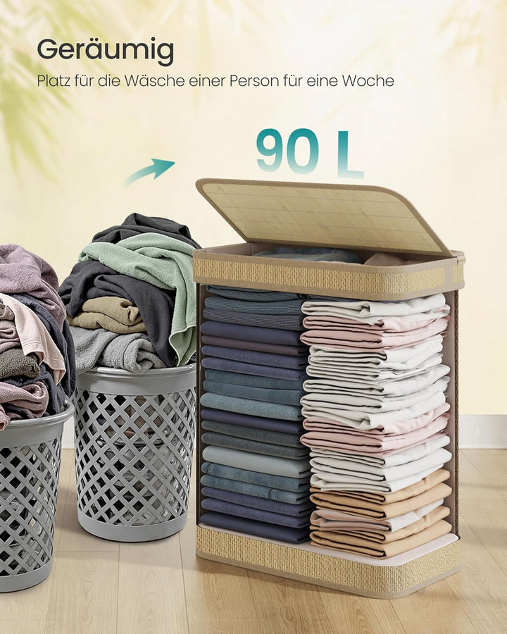 SONGMICS Wäschekorb, Wäschesammler Bambus, 90 Liter, Wäschesack herausnehmbar und maschinenwaschbar,