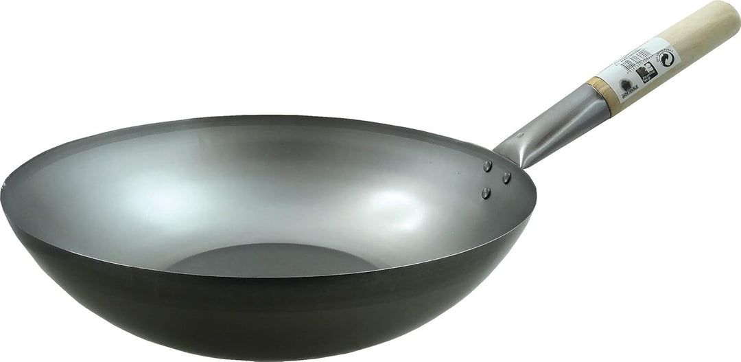 JADE TEMPLE Wok aus Carbonstahl, mit flachem Boden und 35 cm Durchmesser, mit rundem Holzgriff Durch