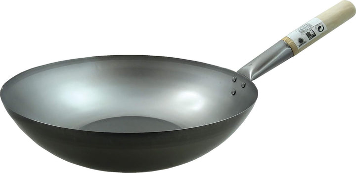JADE TEMPLE Wok aus Carbonstahl, mit flachem Boden und 35 cm Durchmesser, mit rundem Holzgriff Durch