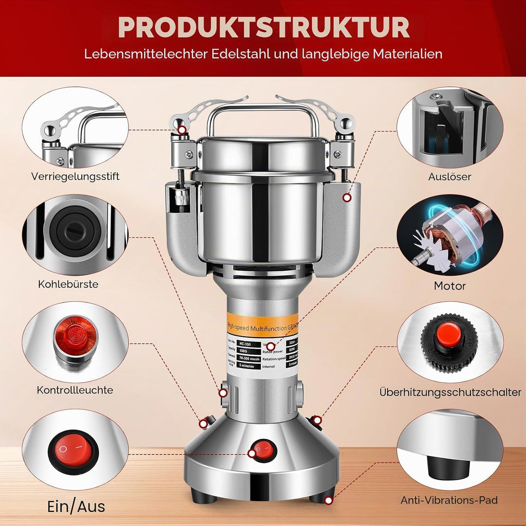 Kotsy Getreidemühle, 150 g, tragbar, 850 W, elektrische Gewürzmühle, 3 Klingen für verschiedene Getr