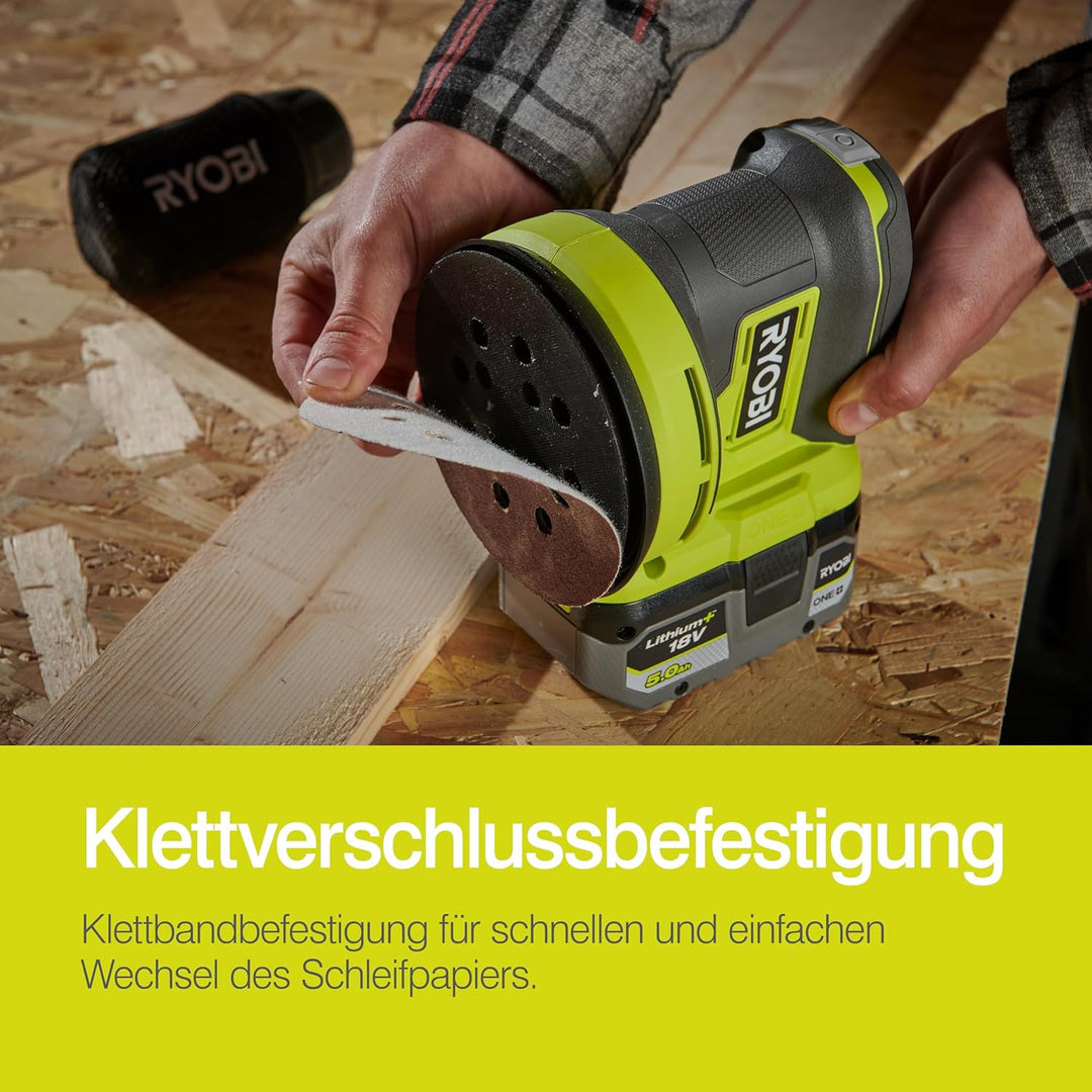 RYOBI 18 V ONE+ Akku-Exzenterschleifer RROS18-0, 125 mm Schleifteller, 2,5 mm Schwingkreis, Effizien