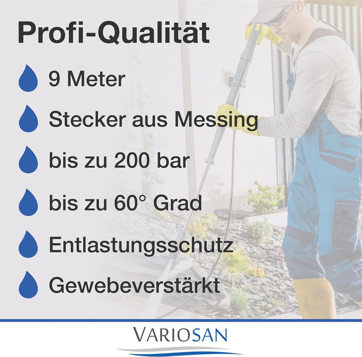 VARIOSAN Hochdruckschlauch für Hochdruckreiniger 16621, 9 m, Quick Connect, schwarz, 200 bar, passen
