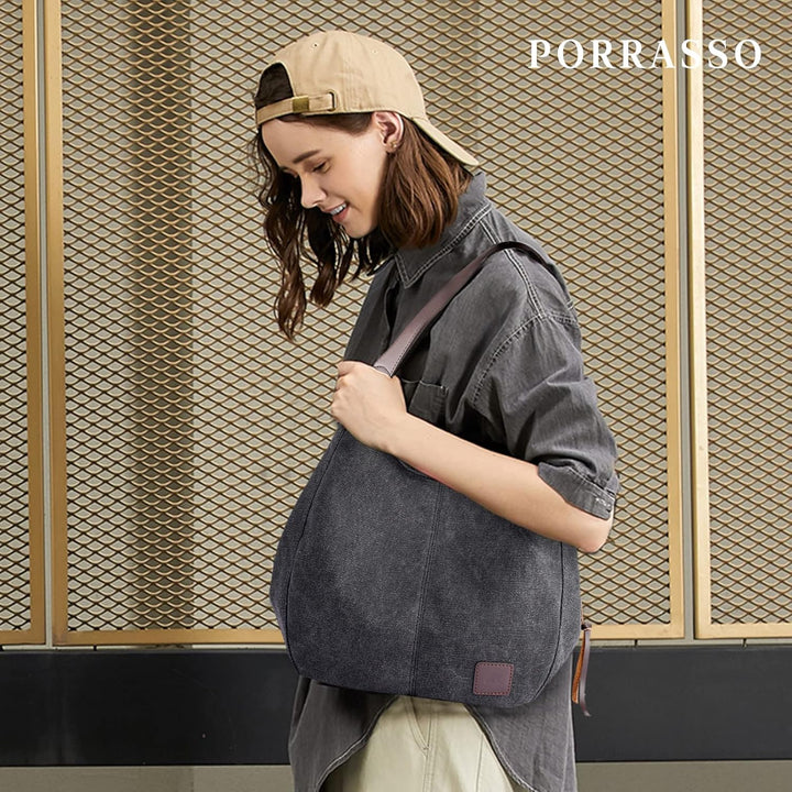 PORRASSO Damen Handtasche Canvas Hobo Schultertasche Mädchen Tote Bag Shopper Henkeltasche für Schul