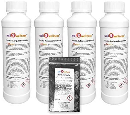well2wellness® Saunaaufguss Set 4 x 250 ml mit Ingwer-Citro, Limette-Bambus, Mango-Maracuja, Grapefr