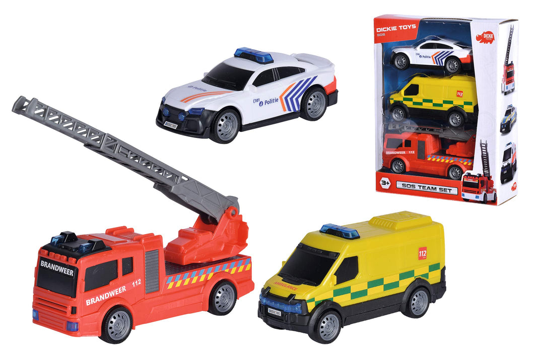 Dickie Toys 203712015014 - SOS Team Set Belgien, Spielzeugauto mit Freilauf, Polizeiauto, Krankenwag