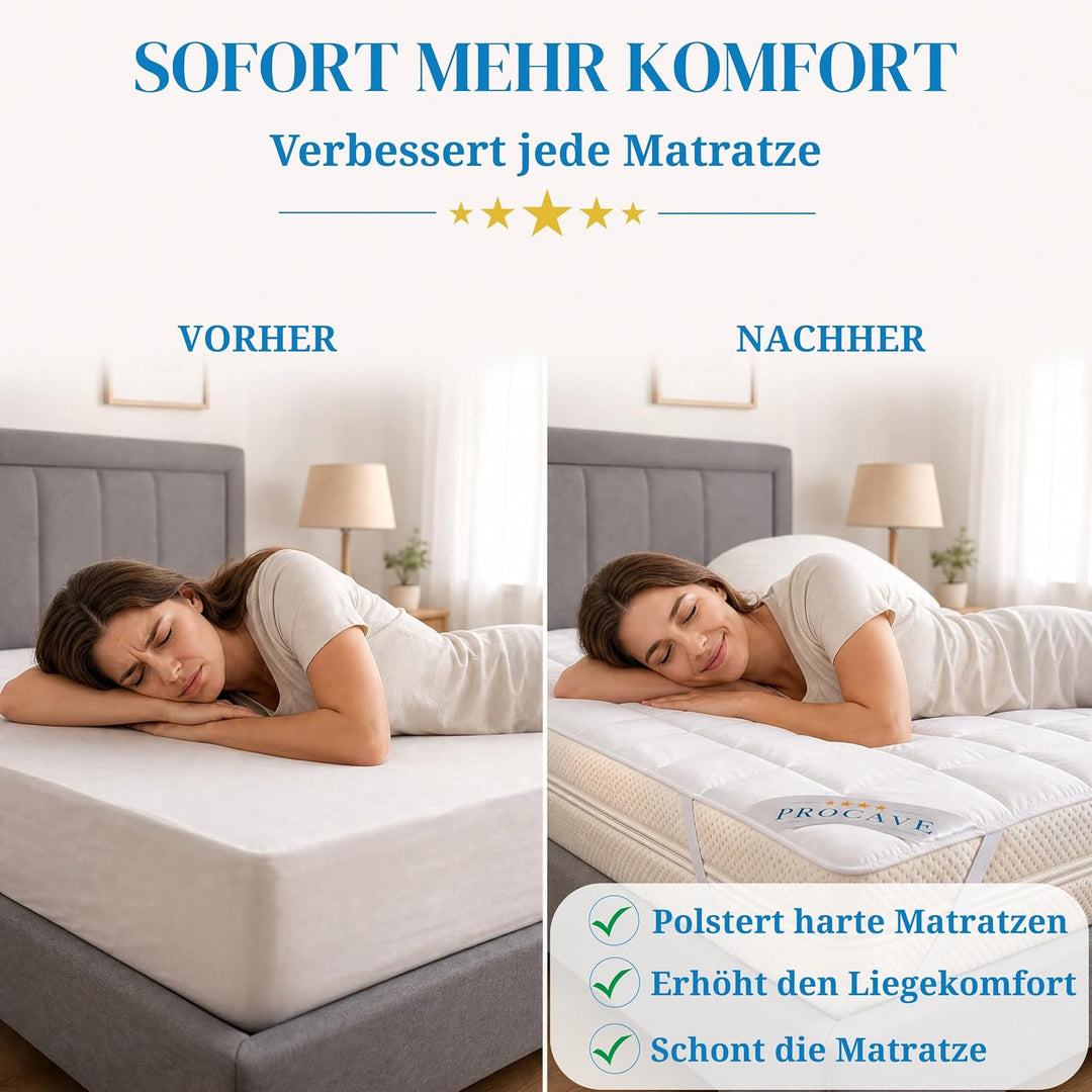 PROCAVE weiches Unterbett aus 100% Baumwolle, atmungsaktiver Matratzen-Schoner, hochwertige Matratze