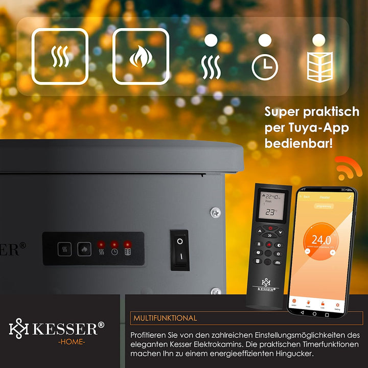 KESSER® Prio Elektrokamin mit Heizung Heizlüfter Fernbedienung WiFi App 950/1900 W Kamin elektrisch