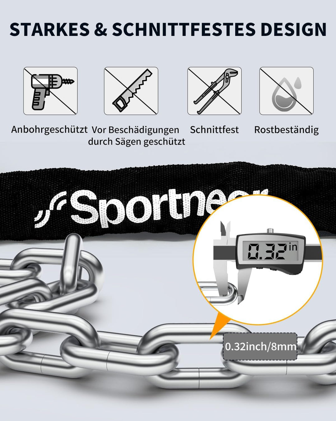 Sportneer Fahrradschloss Metallverschlusskopf Kettenschloss Hohe Sicherheits Level mit 8mm Starker -