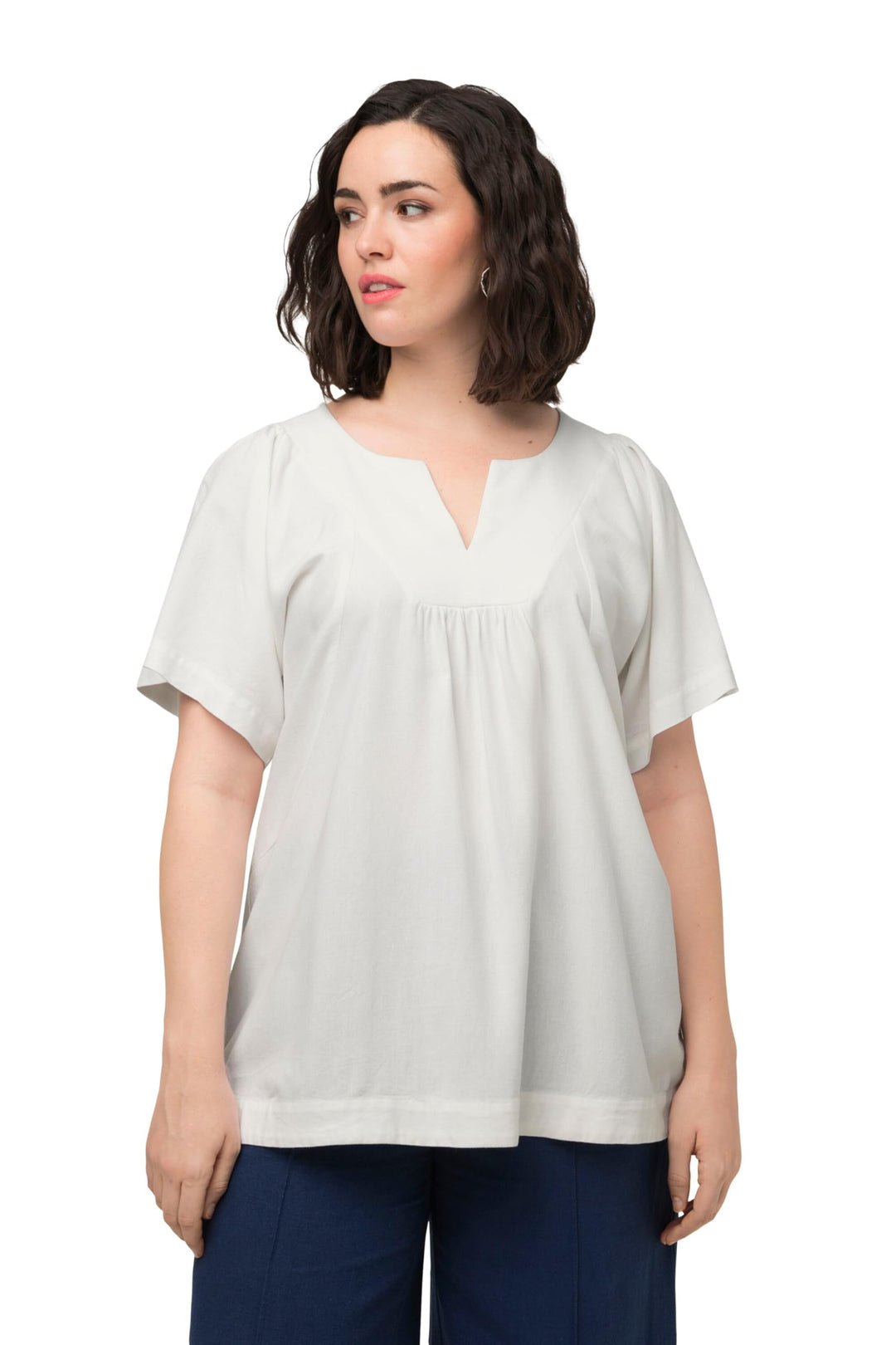 Ulla Popken Damen Tunika, Leinenmix, A-Linie, Tunika-Ausschnitt, Halbarm Bluse (1er Pack) 42 Offwhit