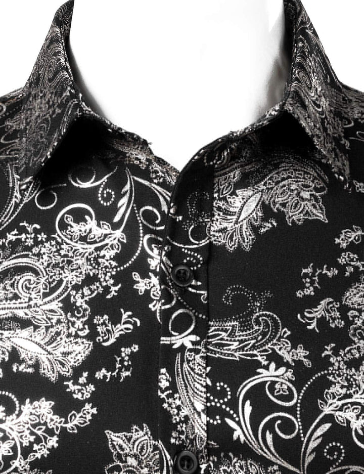 PARKLEES Herren Luxus Paisley Gemustert Golden Glänzend Slim Fit Freizeithemd M Schwarz Silber, M Sc