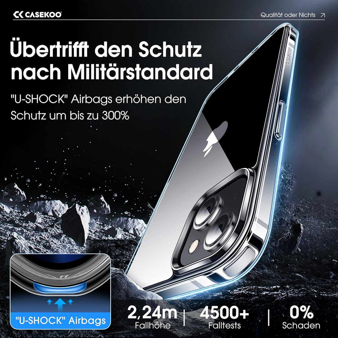 CASEKOO Crystal Clear für iPhone 15 Hülle, [Nie Vergilbung] [Unzerstörbarer Militärschutz] Stossfest