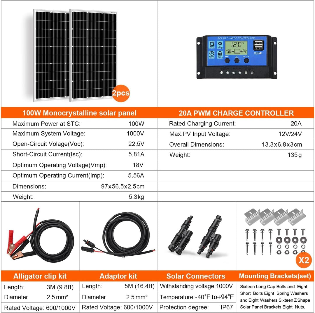 DOKIO Solarpanel 100W 2PC (200W) 18V Monokristallin(Hohe Leistung) Für 12V Kfz Batterie, AGM, Gelbat