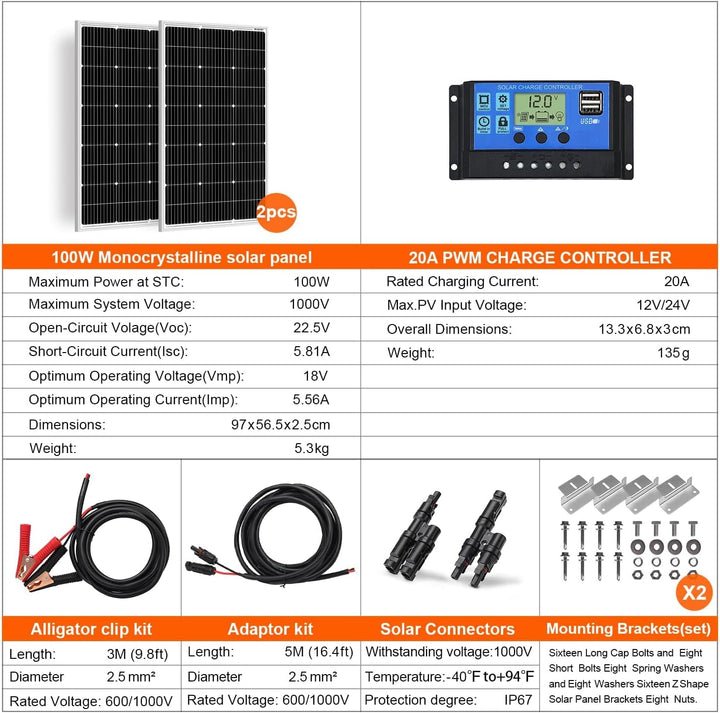 DOKIO Solarpanel 100W 2PC (200W) 18V Monokristallin(Hohe Leistung) Für 12V Kfz Batterie, AGM, Gelbat