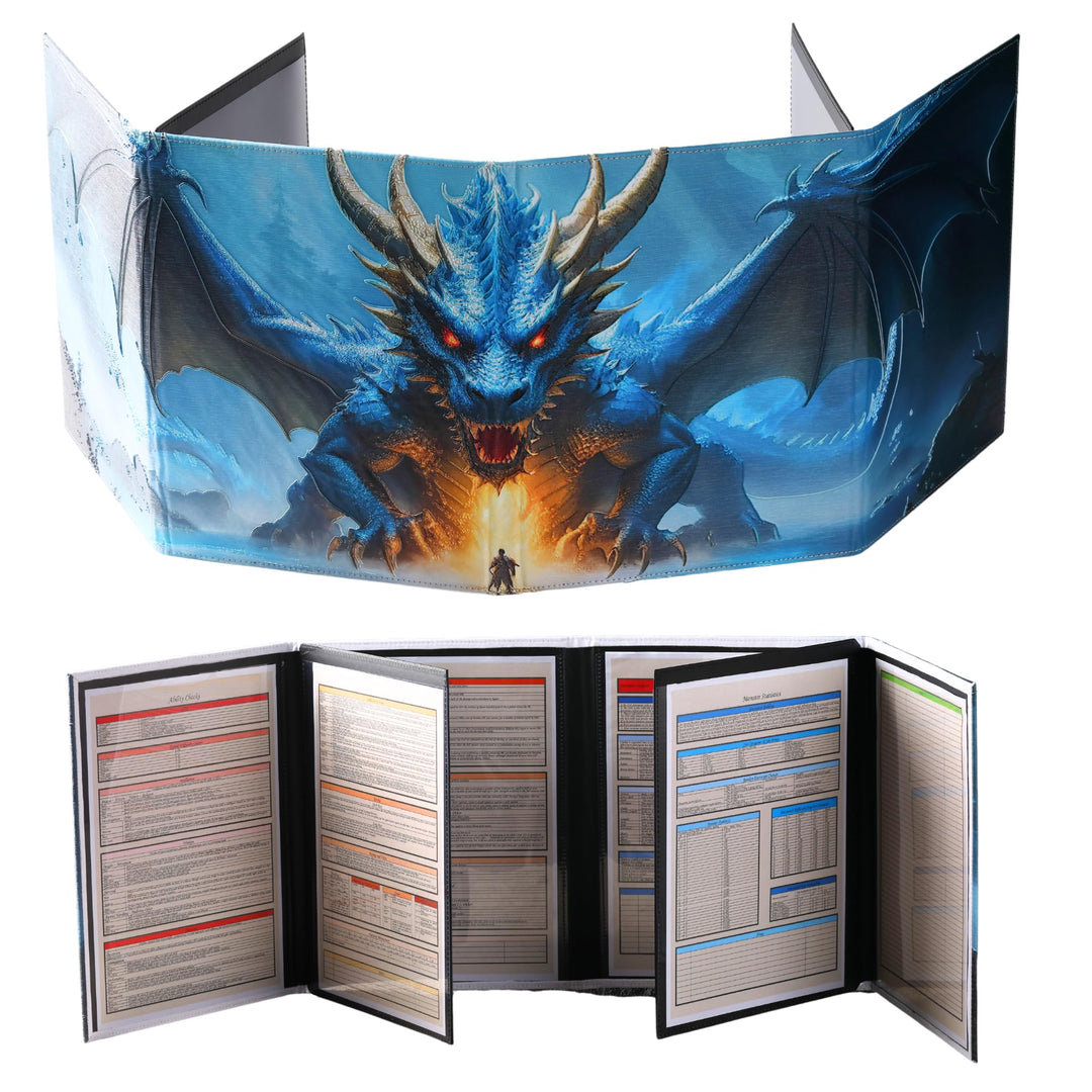 Spielleiterschirm Gift für TTRPG DND DM,8 Abwischbaren Kunstledereinsätzen | Fantasie Embossed Blue