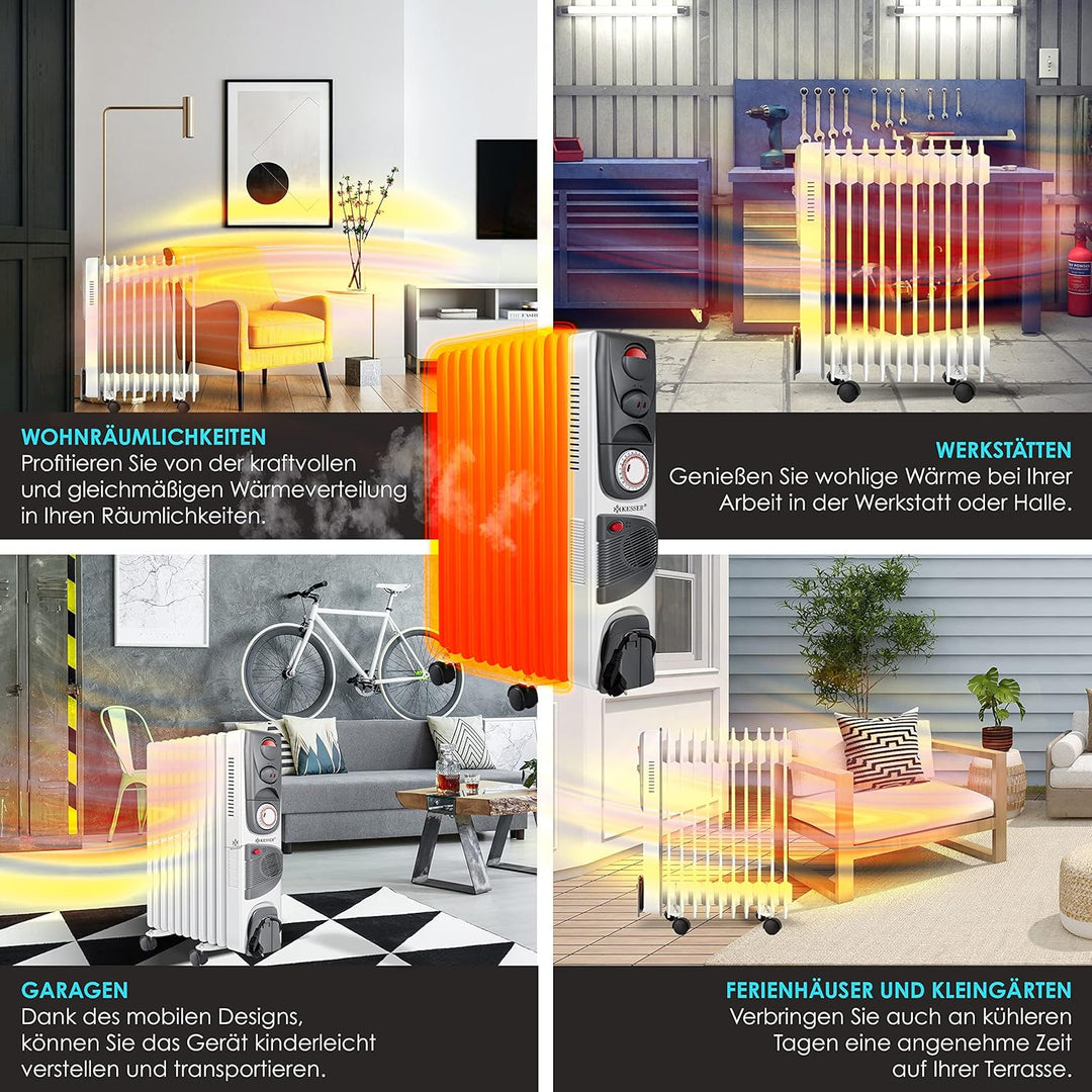 KESSER® Ölradiator Elektrische Heizung mit 11 Rippen 2500W + Lüfter Öl Radiator Elektroheizung Mobil