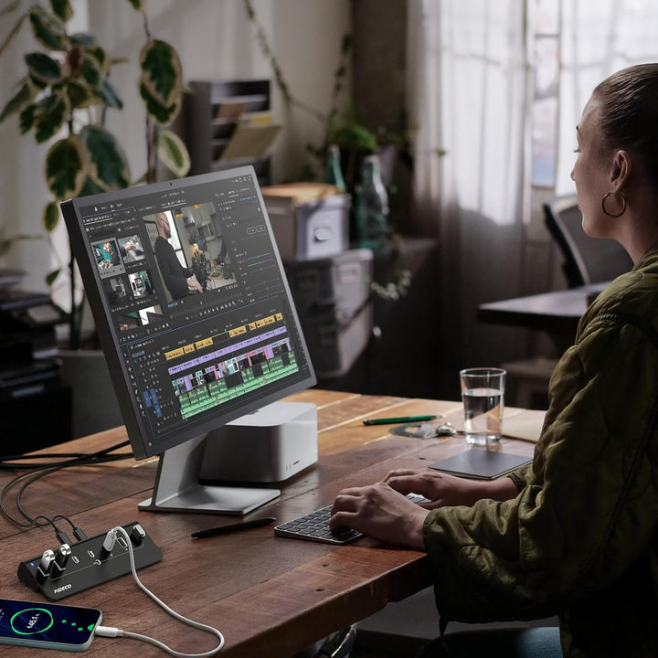 FIDECO USB Hub mit Netzteil, 7 Port USB 3.2 Gen 2, 10Gbit/s Schneller Datenhub, Vollaluminium-Verlän