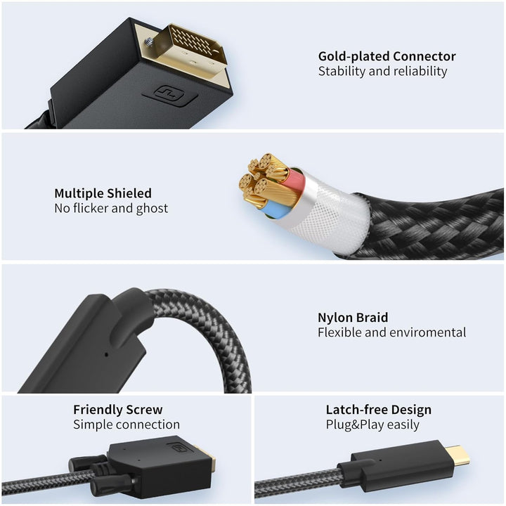 BolAAzuL USB C auf DVI Kabel 1M Nylon Geflecht, USB-C zu DVI-Adapter Typ-C/Thunderbolt-3 auf DVI Ada