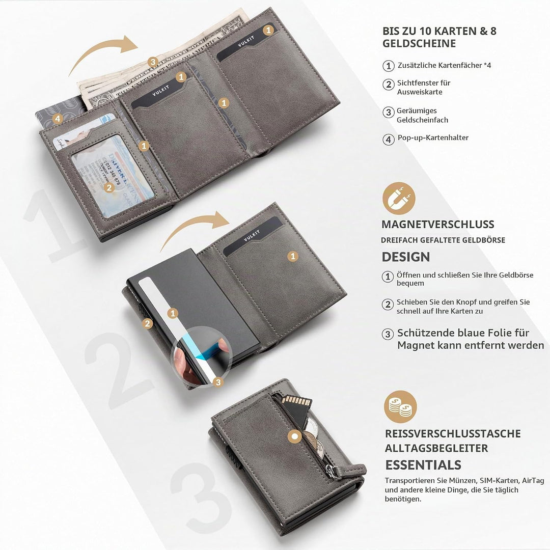 VULKIT Kreditkartenetui RFID-blockierende Pop-Up-Kartentasche aus Echtem Leder mit Geldscheinfach, A