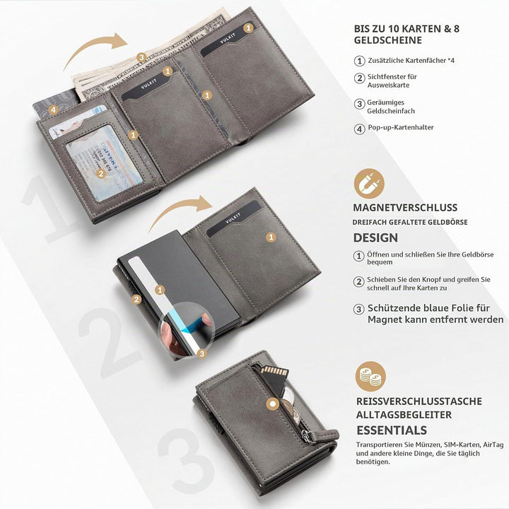 VULKIT Kreditkartenetui RFID-blockierende Pop-Up-Kartentasche aus Echtem Leder mit Geldscheinfach, A