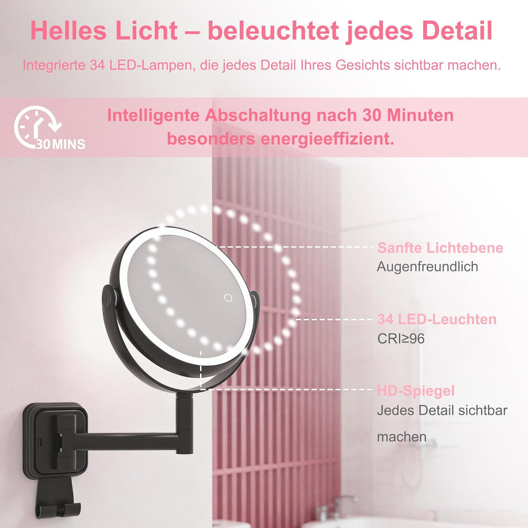 AIMAX Kosmetikspiegel mit Beleuchtung, 2000mAh Wiederaufladbarer Wandspiegel mit 1X &amp; 10X Vergrösser