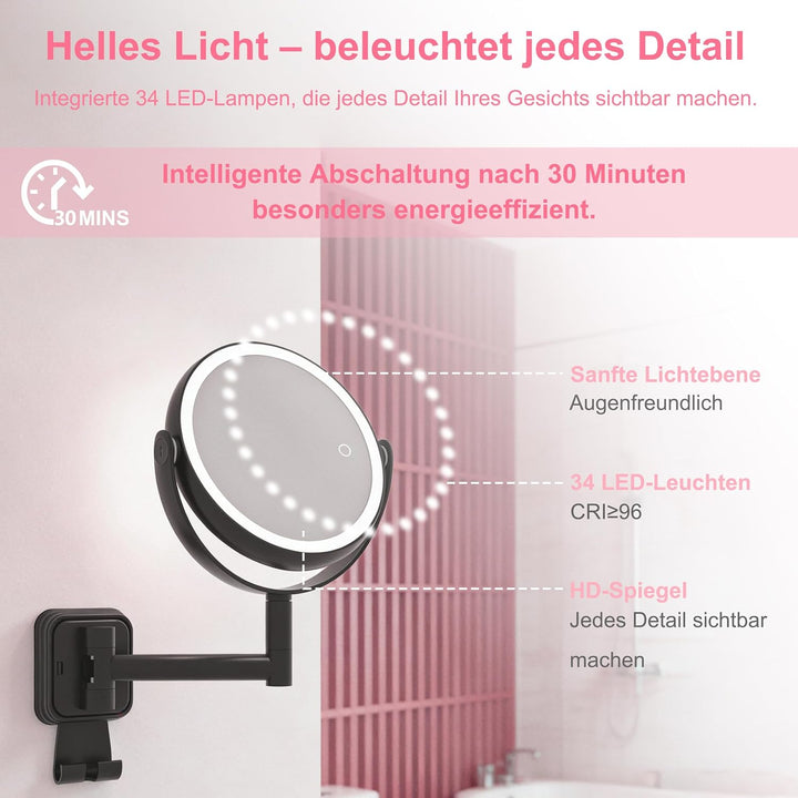 AIMAX Kosmetikspiegel mit Beleuchtung, 2000mAh Wiederaufladbarer Wandspiegel mit 1X &amp; 10X Vergrösser