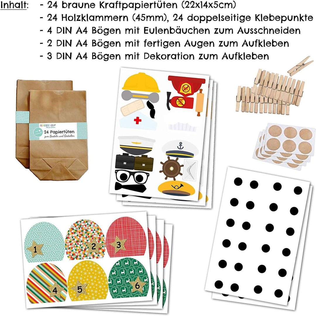 Papierdrachen DIY Adventskalender zum Befüllen - Weihnachtseulen - Eulen Weihnachten - Set Gelb Bunt