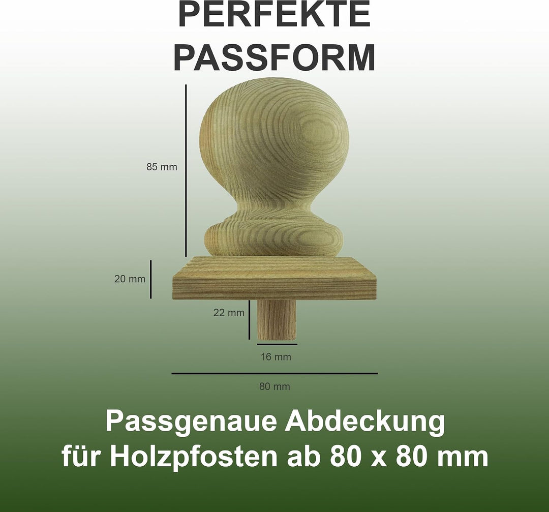 h2i Pfostenkappe Kugel | Holz imprägniert | 80 x 80 mm | 10 Stück | Eckige Abdeckkappe für Garten Ho