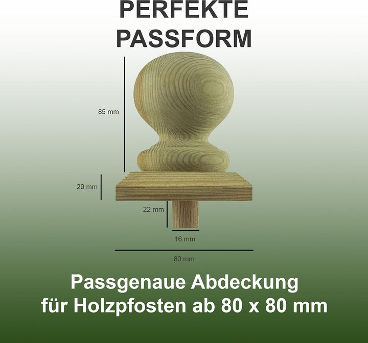 h2i Pfostenkappe Kugel | Holz imprägniert | 80 x 80 mm | 10 Stück | Eckige Abdeckkappe für Garten Ho