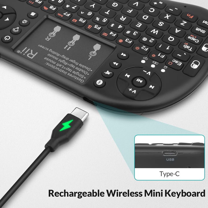 Rii Mini i8+ Wireless (QWERTY US Layout) - Mini Beleuchtete Tastatur mit Multi-Touch Maus-Pad für Sm