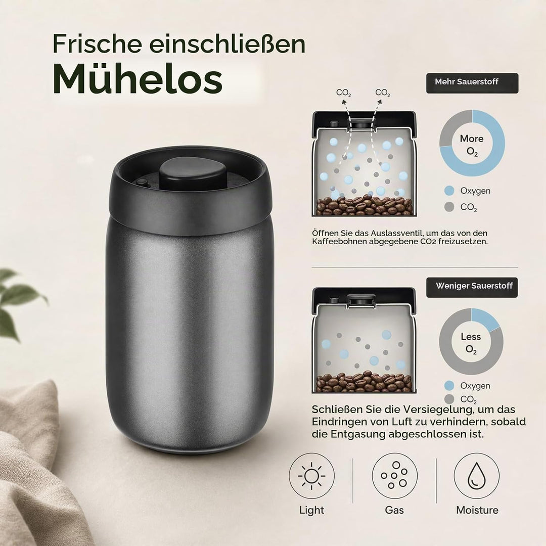 VINATO 1.2L Vakuum Kaffeedose Luftdicht, Edelstahl Aufbewahrungsdose, Kaffeebohnen Behälter für Kaff