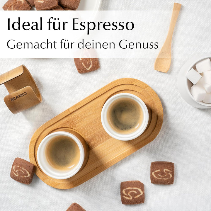 MIAMIO – Espressotassen 4er Set (100 ml) mit abnehmbarer Holzmanschette/Keramik Tassen ohne Henkel,