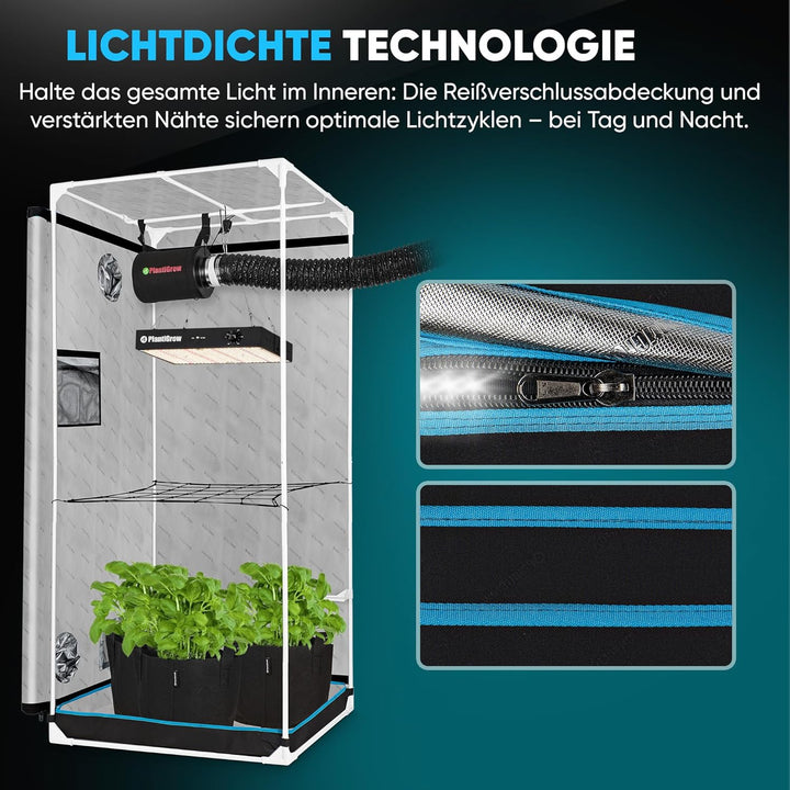 Growbox Komplettset – Indoor Gewächshaus mit 150W Vollspektrum LED Lampe (Dimmbar), 1680D, Carbon-Fi