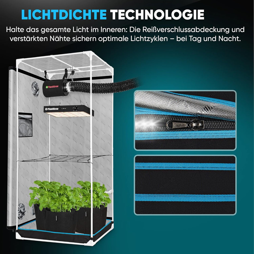 Growbox Komplettset – Indoor Gewächshaus mit 150W Vollspektrum LED Lampe (Dimmbar), 1680D, Carbon-Fi