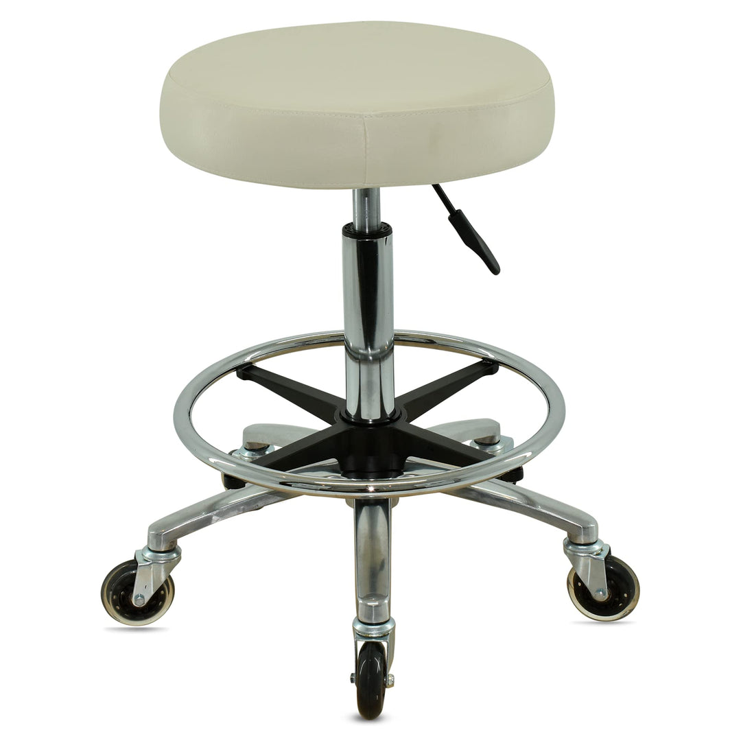 Premium Rollhocker weiss mit Fussring - Höhenverstellbar von 55-75 cm - Rundsitz Drehhocker Arbeitsh