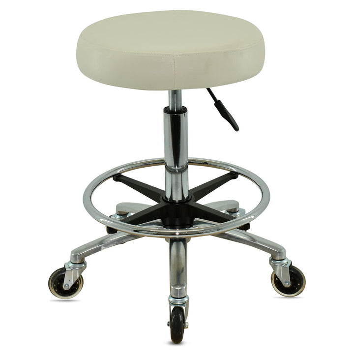 Premium Rollhocker weiss mit Fussring - Höhenverstellbar von 55-75 cm - Rundsitz Drehhocker Arbeitsh