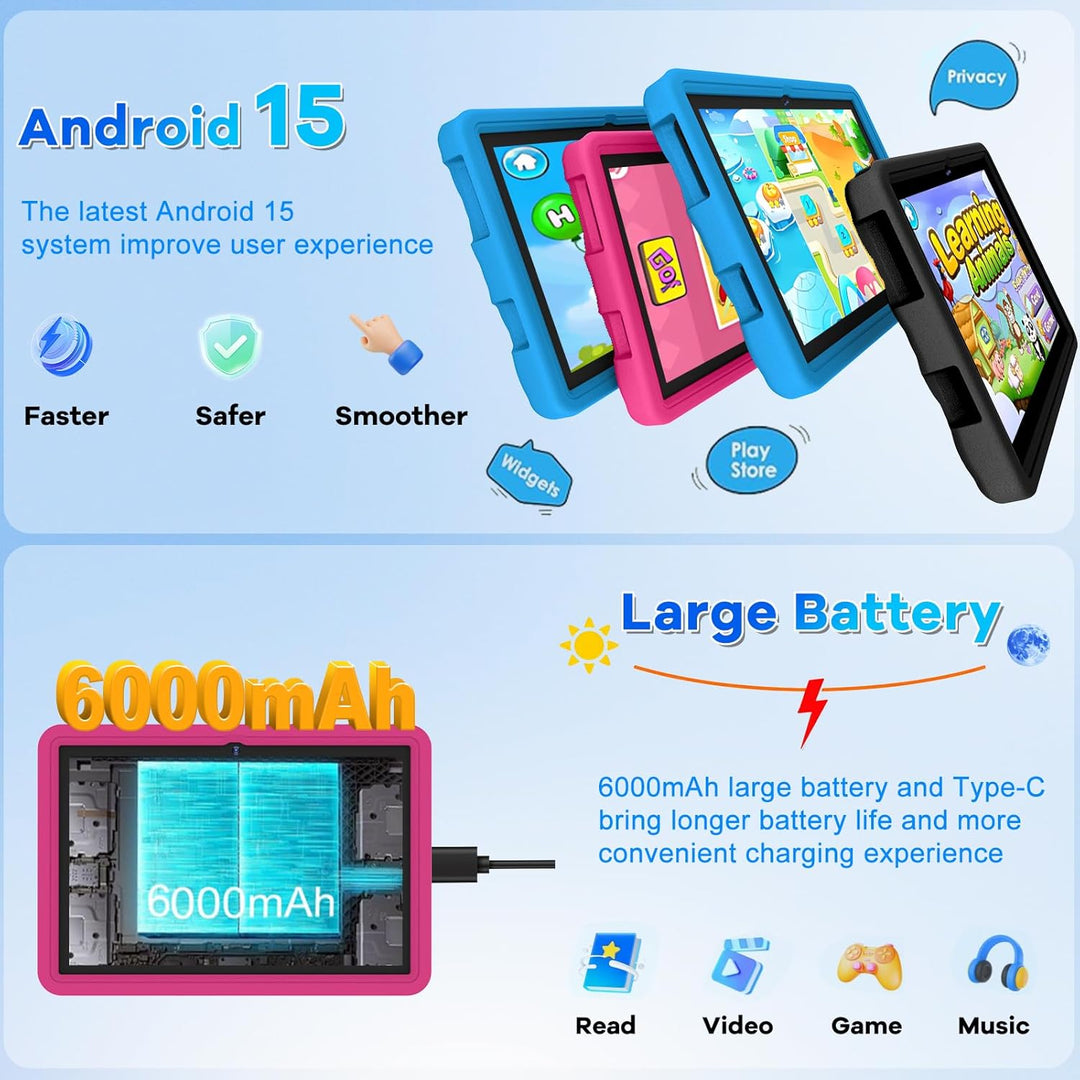 Kinder Tablet 10 Zoll Android 15 mit 30GB RAM + 64GB ROM(2TB), 5G WLAN 6, Widevine L1, Elterliche Ko
