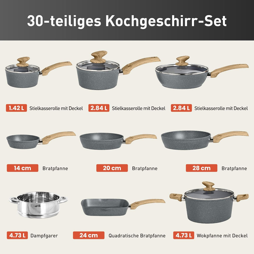 Kitchen Academy Topfset Induktions-Kochgeschirr-Set mit Glasdeckeln und Granitbeschichtung inkl. Pfa