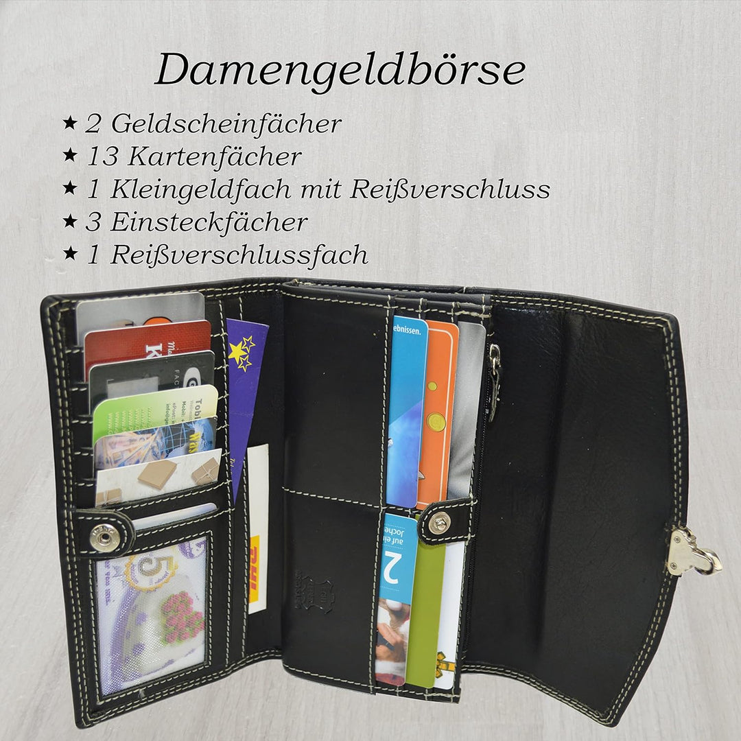 flevado Damengeldbörse Echt Leder RFID Schutz Schnallenoptik Klickverschluss 3 Farben wählbar (Schwa