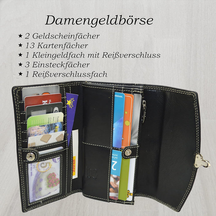 flevado Damengeldbörse Echt Leder RFID Schutz Schnallenoptik Klickverschluss 3 Farben wählbar (Schwa