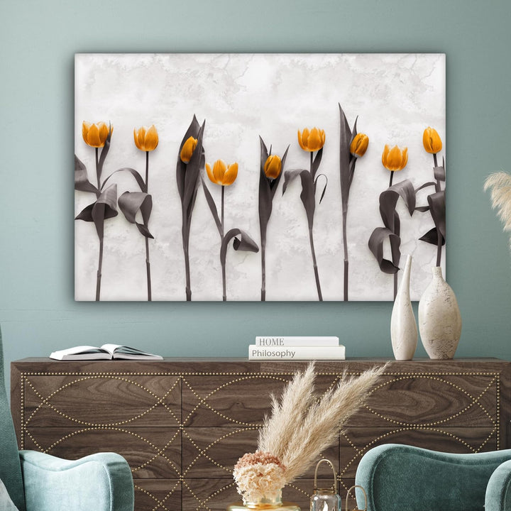 MuchoWow Leinwand Bilder, Einzigartige Wanddeko mit Rahmen, Blumen - Tulpen - Marmor, Wandbilder Woh