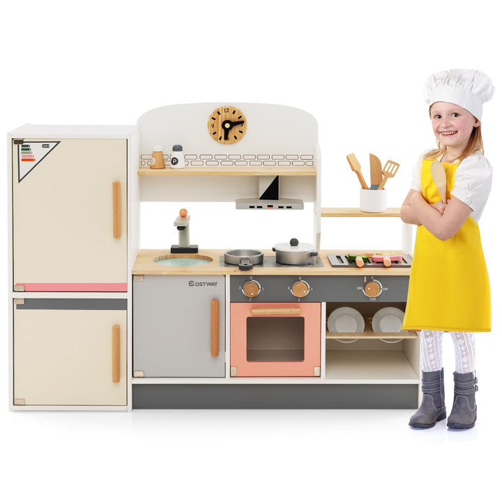 COSTWAY Kinderküche Holz, Spielküche mit Dustabzughaube, Kühlschrank, Wasserhahn & Küchenutensilien,