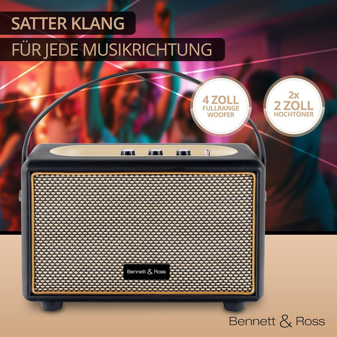 Bennett & Ross BB-820BK Blackmore Junior - Retro Bluetooth Lautsprecher in Lederoptik mit 5200 mAh A