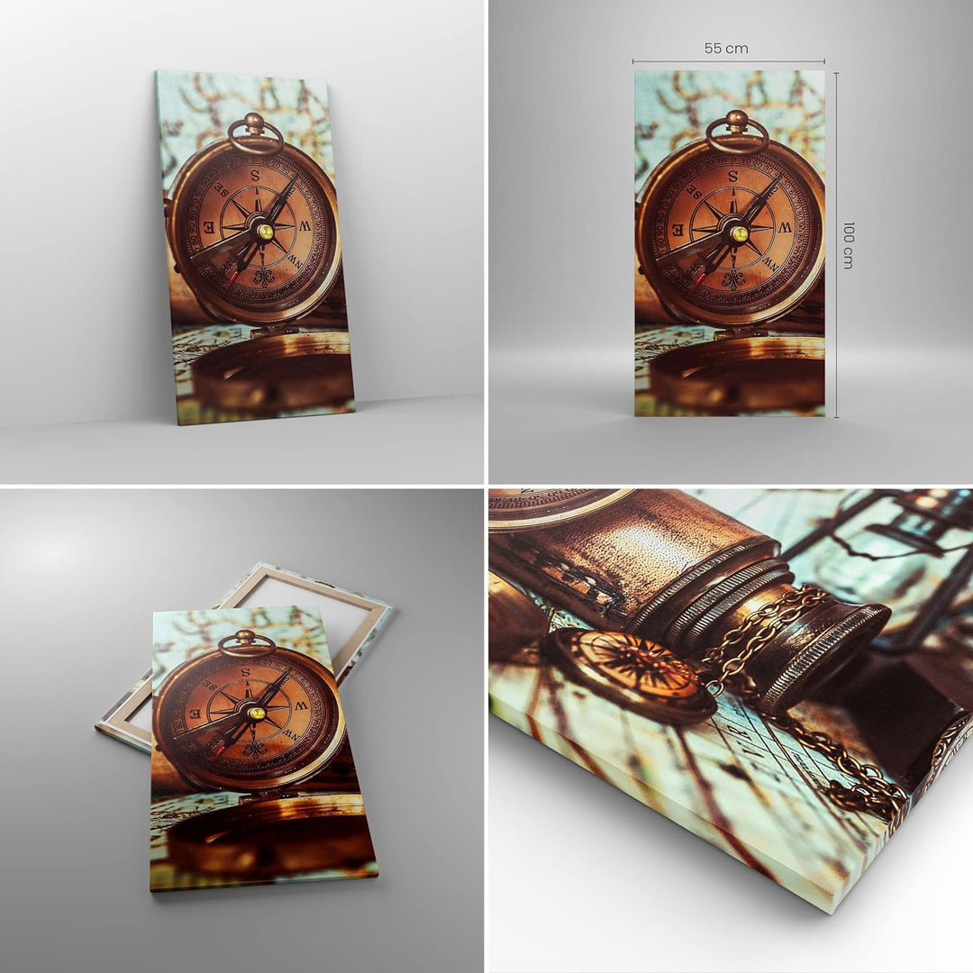 Bilder auf Leinwand 55x100cm Leinwandbild mit Rahmen Kompass Teleskop Abenteuer antik Gross Wanddeko