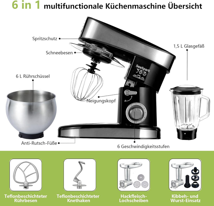 Küchenmaschine, 6 L Knetmaschine 1200W, 6 Geschwindigkeits Küchenmaschine, Teigmaschine mit Rührhake