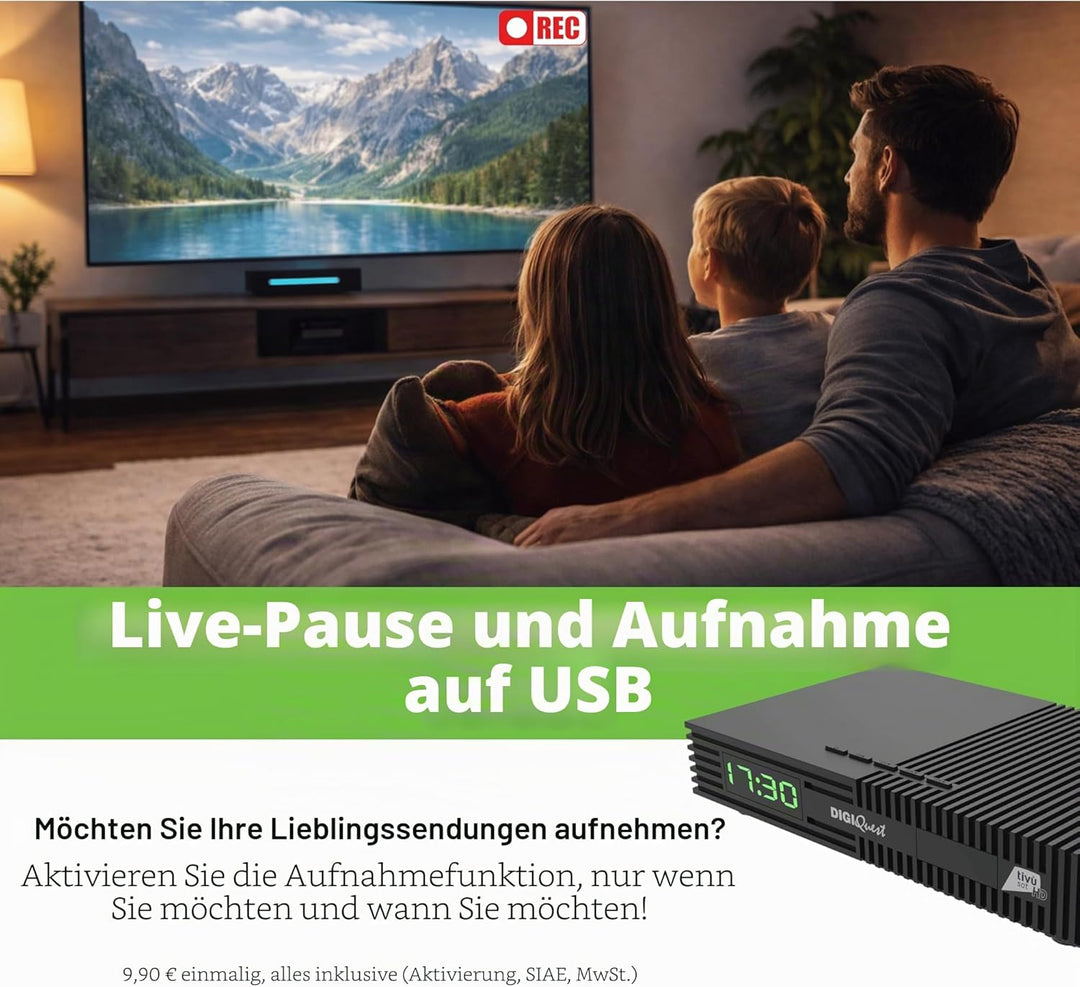 Digiquest Tivùsat Ti9 DVB-S2 Decoder mit Fernbedienung 2 in 1, schwarz, inklusive Tivusat-Karte, Auf